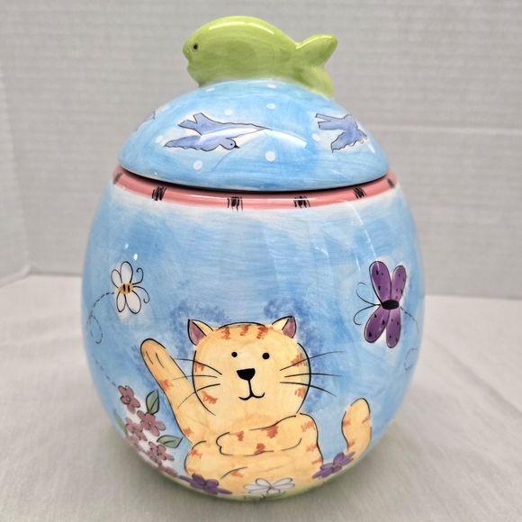 Hausenware Cat Kitten Butterfly Fish Birds Floral Ceramic Cookie Jar Vintage - Picture 1 of 16